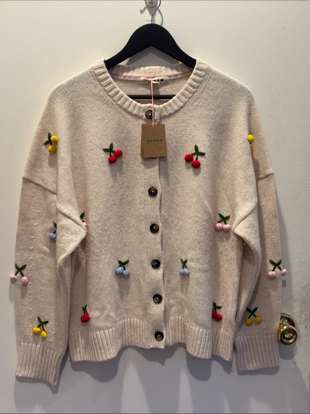 Boden Cream Button-Front Cardigan with Multicolored Cherry Embroidery